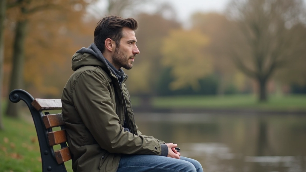 Persoon die in een park zit en over het water uitkijkt met een moment van stilte en innerlijke focus