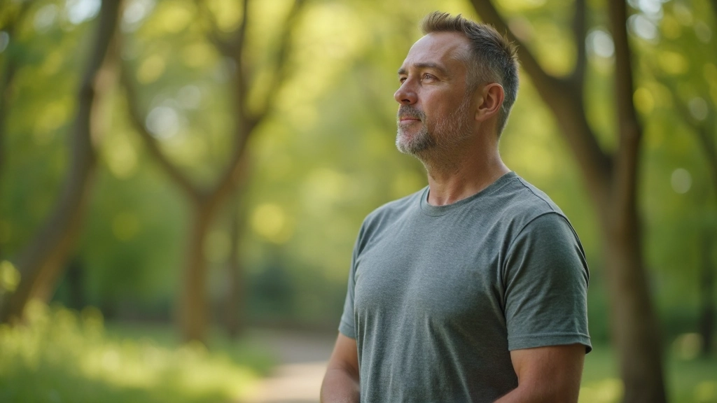 Man doet ademhalingsoefening buiten in natuuromgeving met bomen en groen, vol concentratie en bewustzijn
