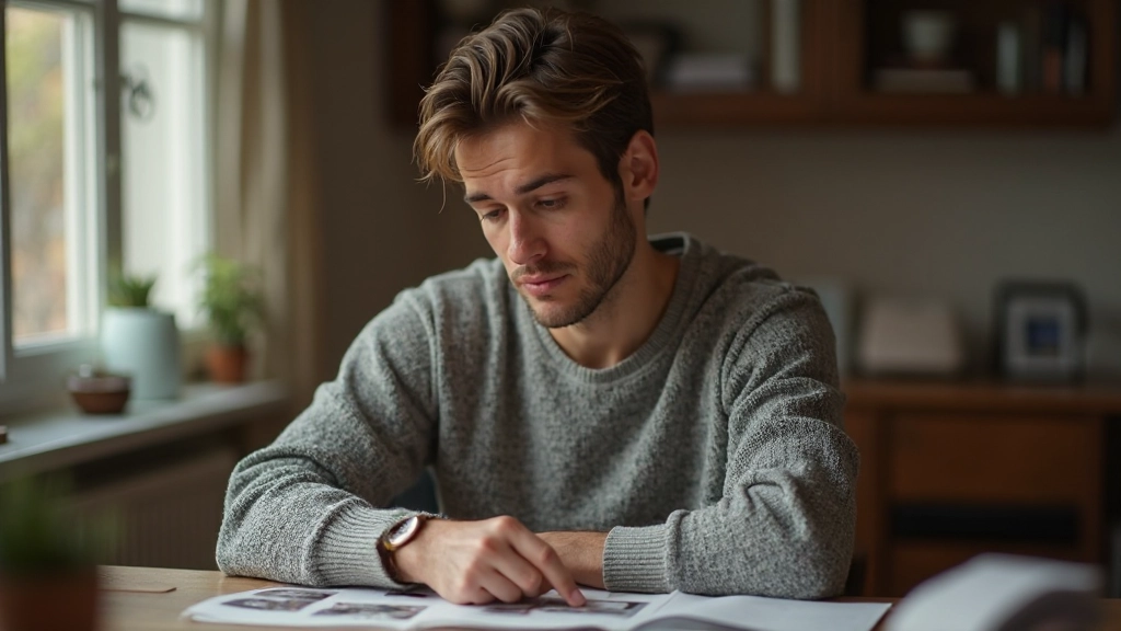 Persoon bladert door oude foto's en herinneringen met reflectieve uitdrukking op gezicht
