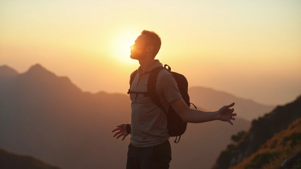 Persoon staat op bergpiek en kijkt uit over landschap symboliserend nieuwe perspectief en groei