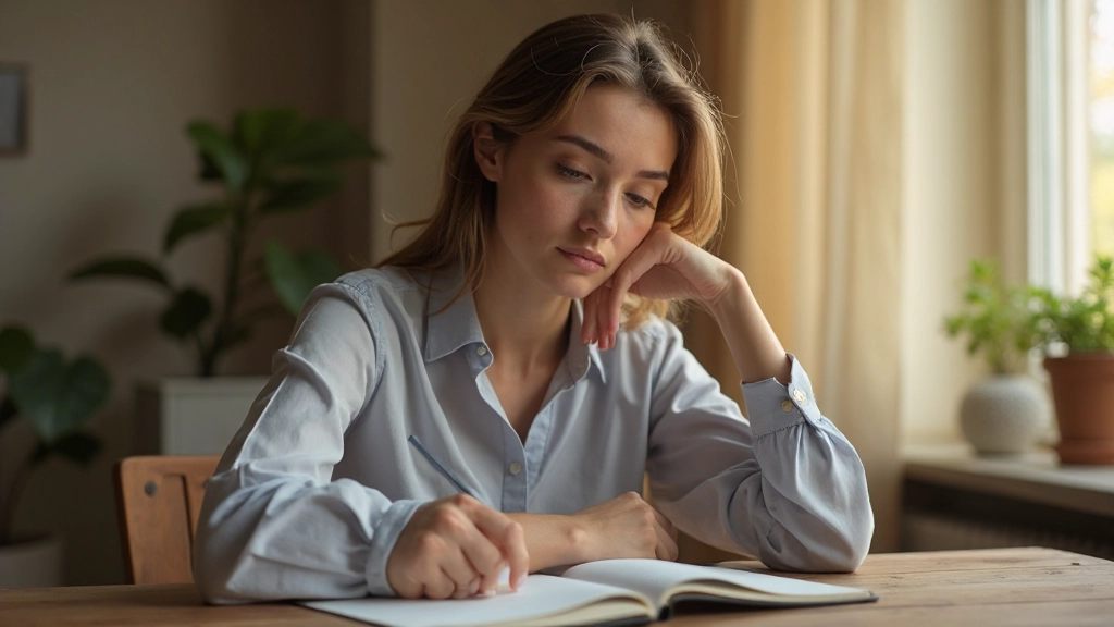 Persoon schrijft in journaal over persoonlijke herinneringen en inzichten met concentratie