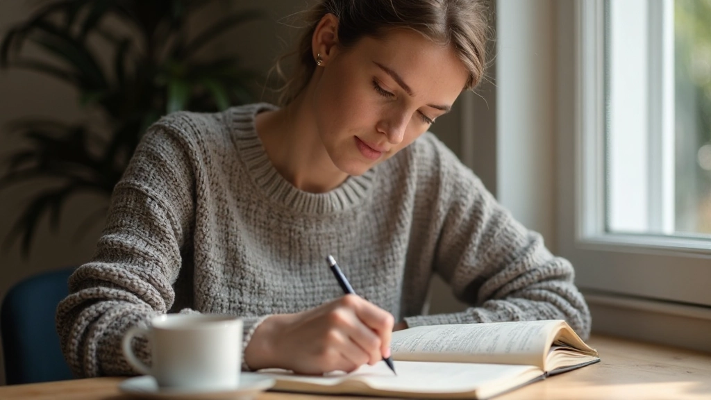 Close-up van een dagboek met pen op een houten tafel met kopje thee