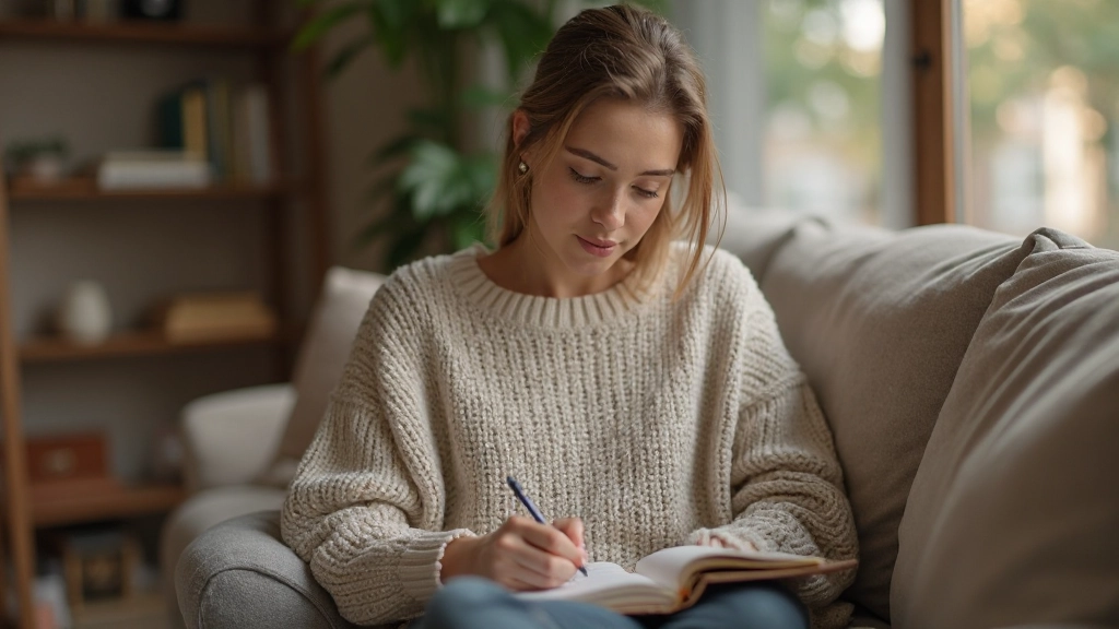 Vrouw zit op bank en schrijft in dagboek, reflectie en zelfbewustzijn praktijk, vredige huisomgeving
