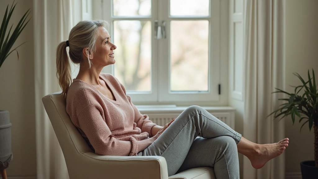 Persoon die in een komfortabele stoel zit en naar buiten kijkt door een groot raam met zonlicht