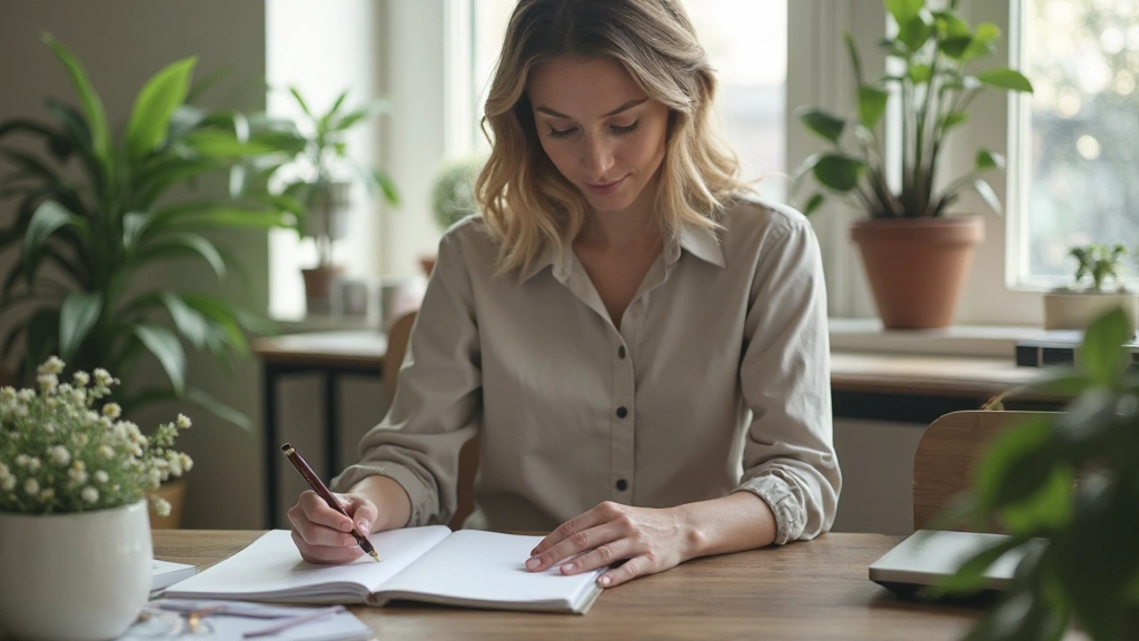 Vogeloog perspectief van een bureau met dagboek, pen, en planten in een minimalistisch kantoor